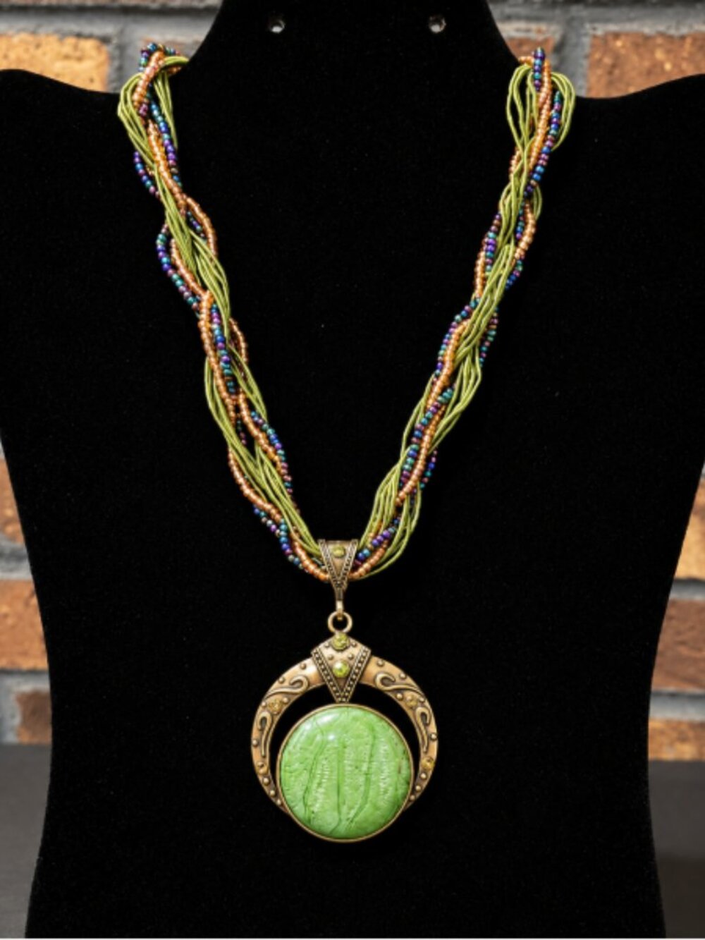 Bohemian Style Braided Cord Necklace Green Purple & Gold Colors & Green Pendant
